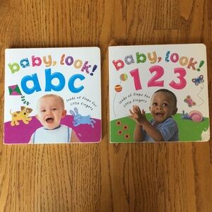 Two board books: Baby look ABC, Baby look 123